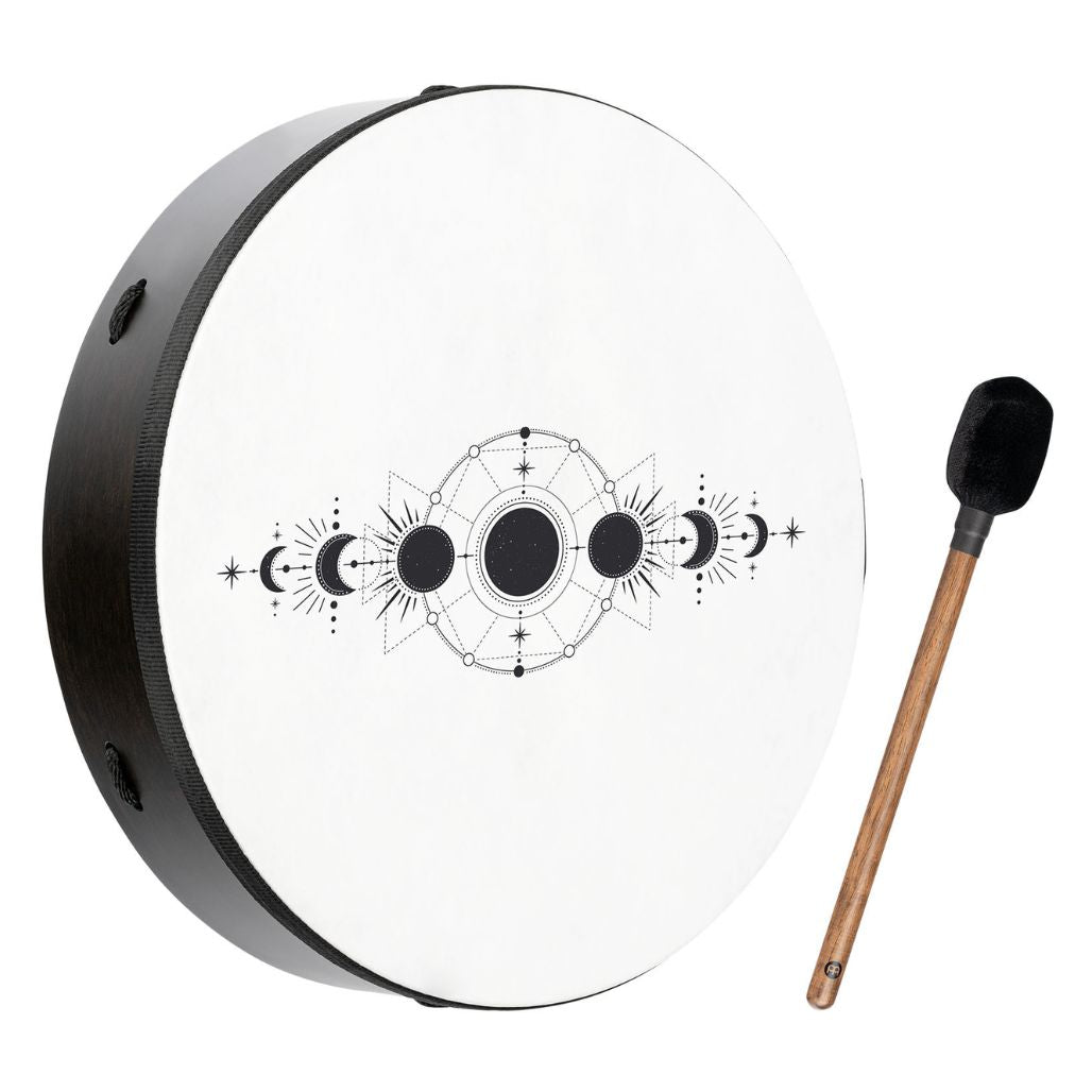 Meinl Sonic Energy Ritual Drum 16" Moon Phases RD16DWB-SH featuring a dark walnut brown poplar frame, Moon Phases design, and True Feel synthetic head.