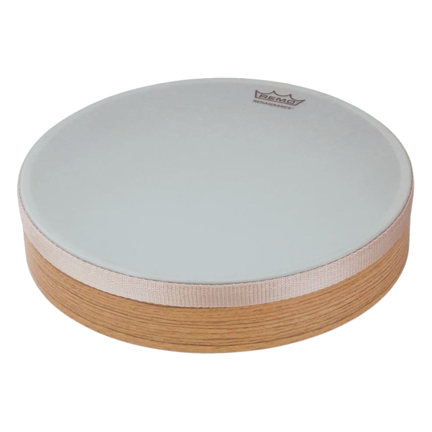 16 inch Renaissance frame drum on white background showing pre-tuned drumhead and medium oak Acousticon shell construction