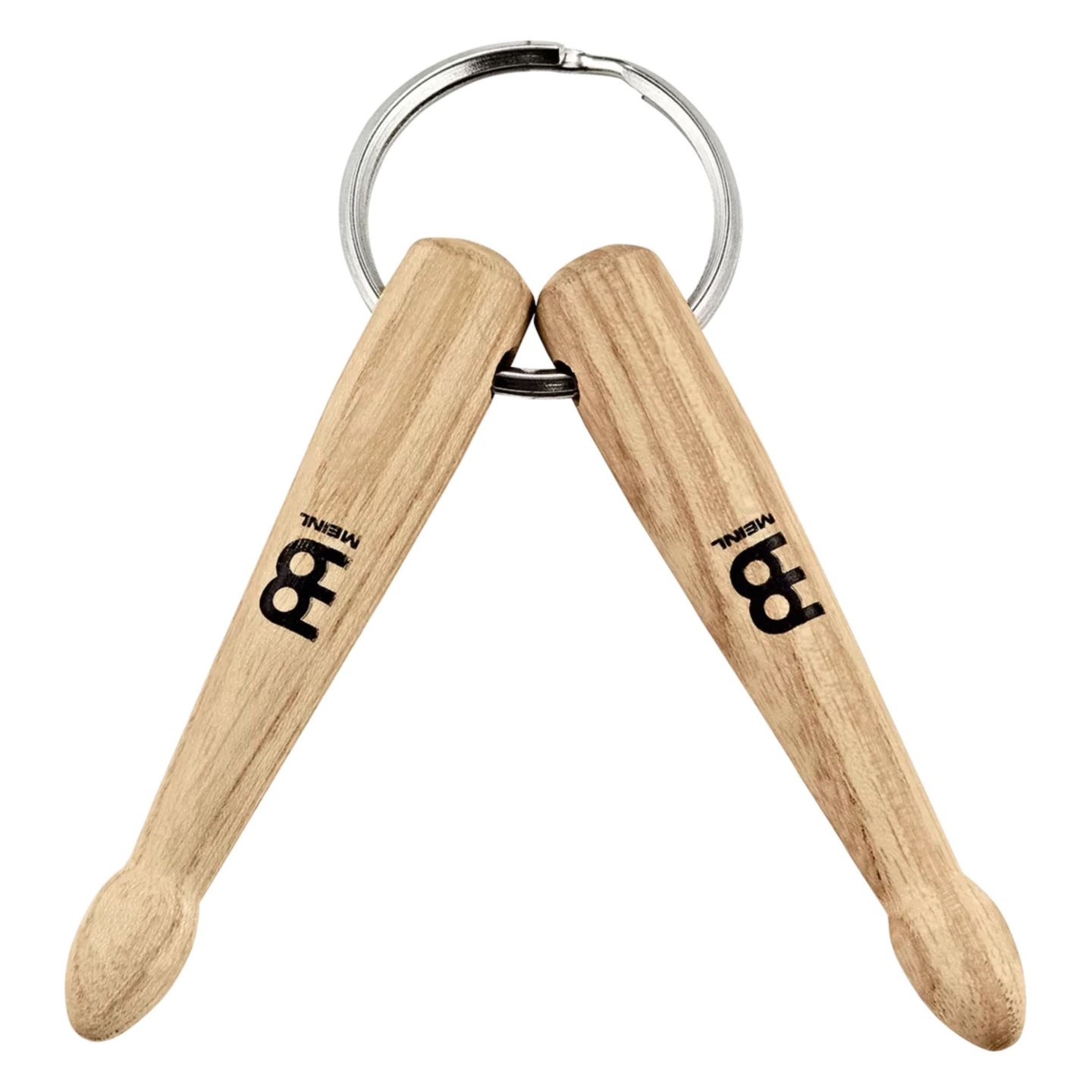 mini drumstick keyring on white background showing two miniature maple drumsticks attached to metal key ring