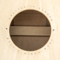 Close-up of a Meinl Percussion cajon with 'Crafted in Europe' engrave around the sound hole.