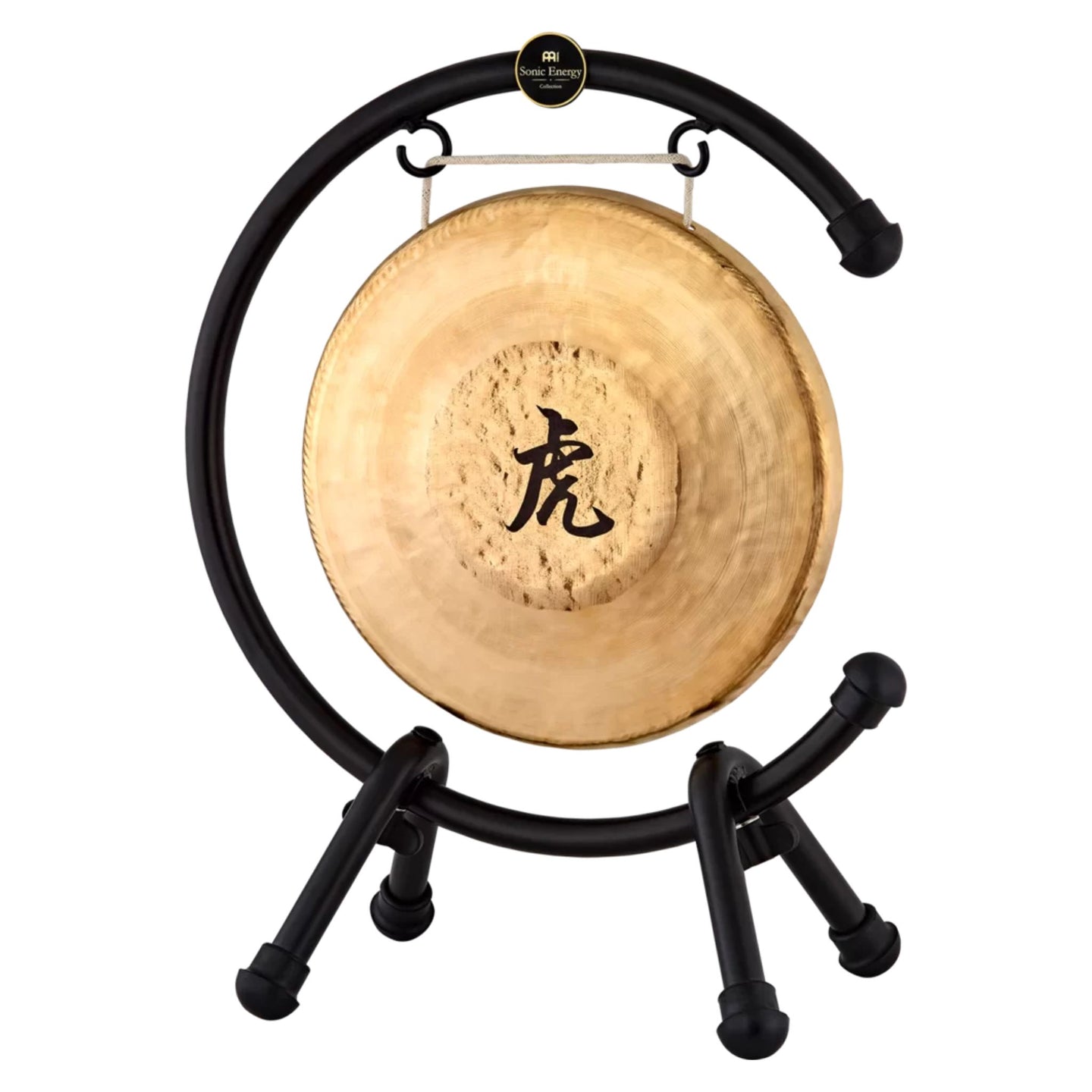 Meinl Sonic Energy Table Gong Stand Large TMTGS-L with a gong mounted on the black powder-coated steel frame for floor or tabletop playing.