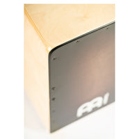 Meinl Woodcraft Series String Cajon Espresso Burst Frontplate WC100EB close of corner