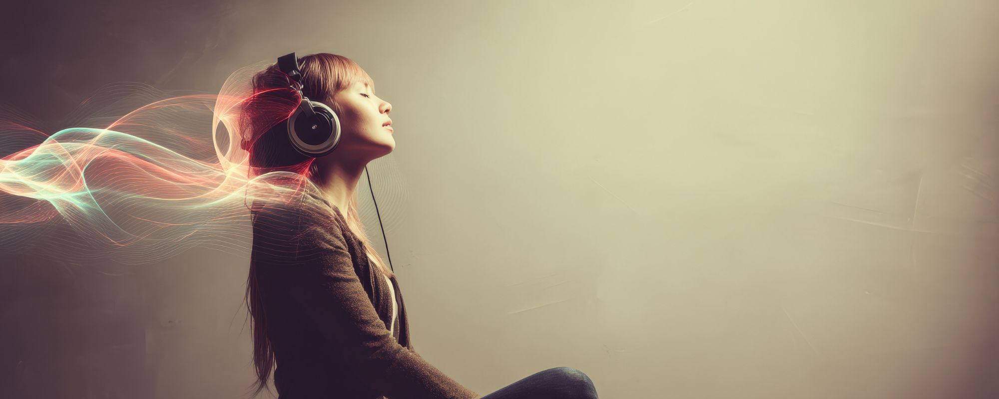 Woman wearing headphones immersed in flowing frequency waves, representing Drum Republic’s modern approach to percussion and sound healing instruments