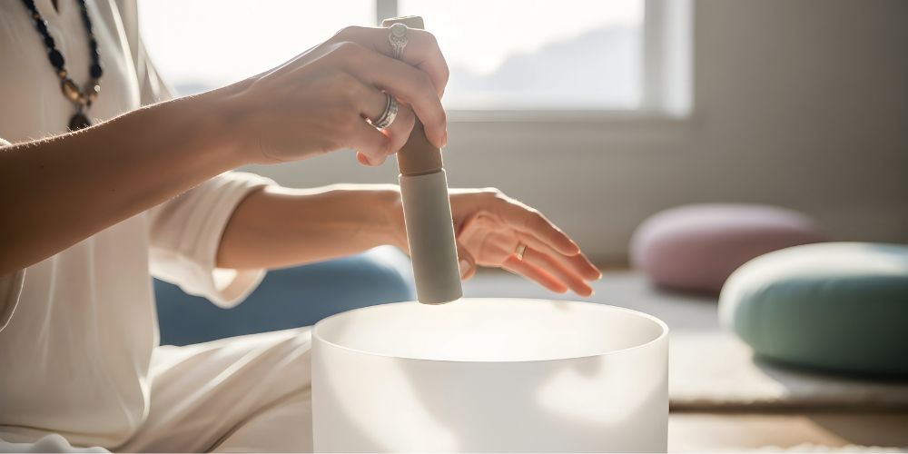 Close-up of woman playing a crystal singing bowl with a mallet in a calm sound healing space with yoga mats and cushions for meditation and relaxation