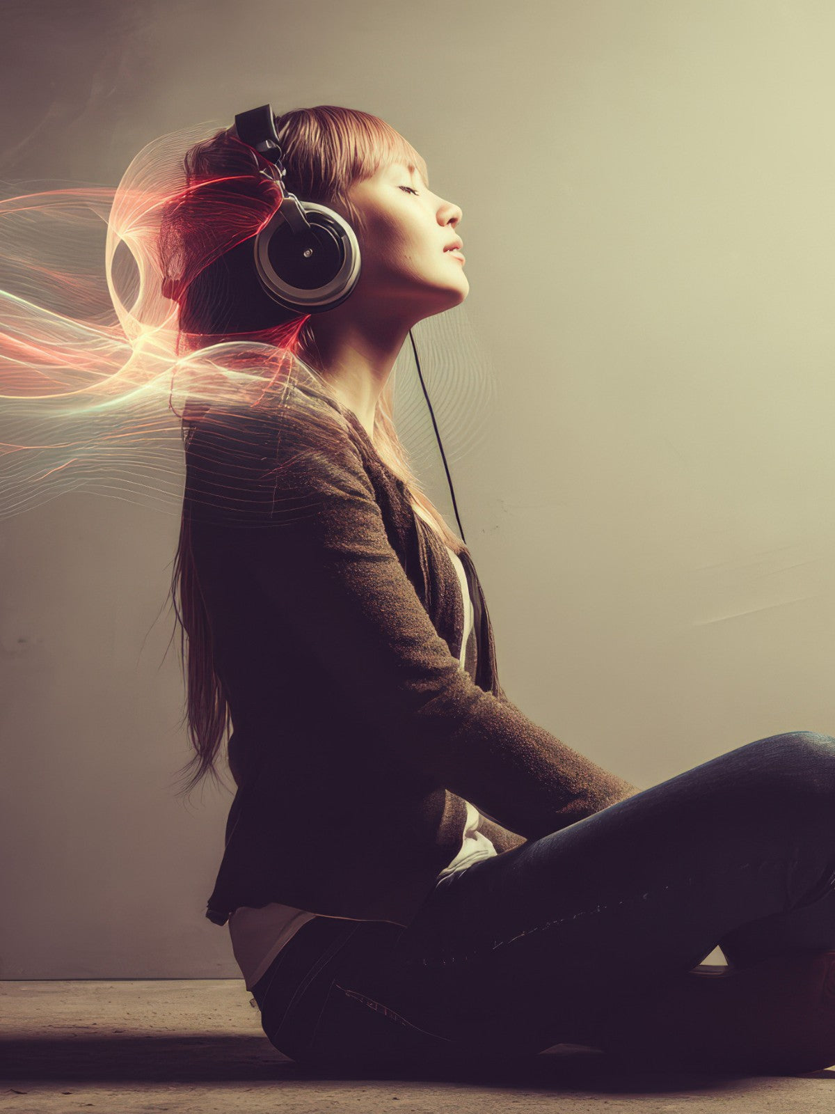 Woman immersed in flowing sound waves through headphones, representing Drum Republic’s percussion and frequency instruments sound experience