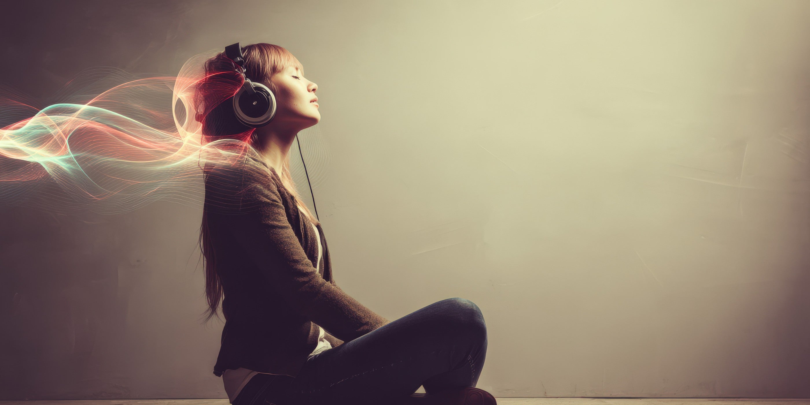 Woman immersed in flowing sound waves through headphones, representing Drum Republic’s modern percussion and frequency instruments experience