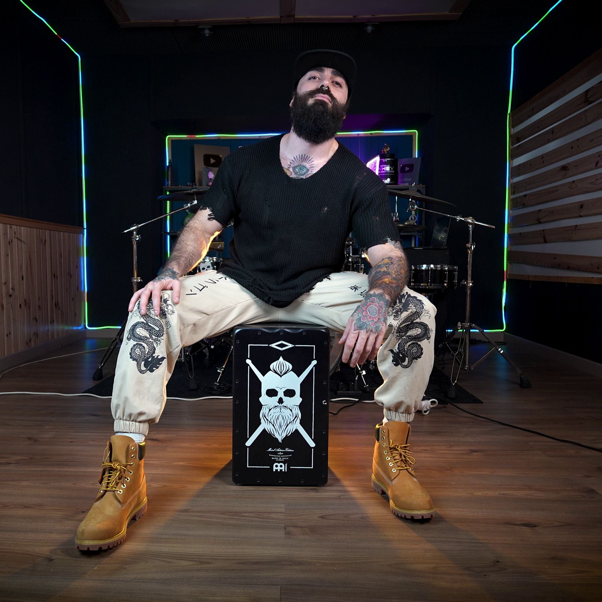 Instagram drummer El Estepario playing h i signature series cajon drum by Meinl Percussion.