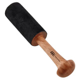 large suede leather singing bowl mallet on white background showing extended length and smooth suede surface