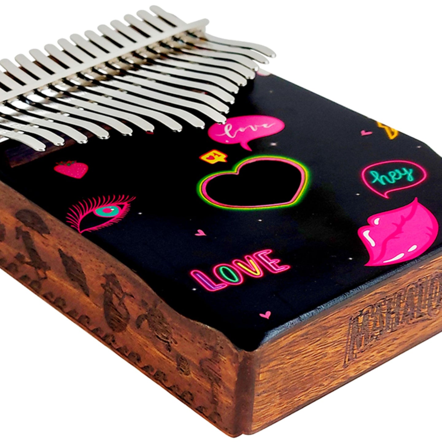 Close-up of the Mahalo Kalimba Handmade Heart Design MKA17HE showing the heart-shaped sound hole and solid wood body.