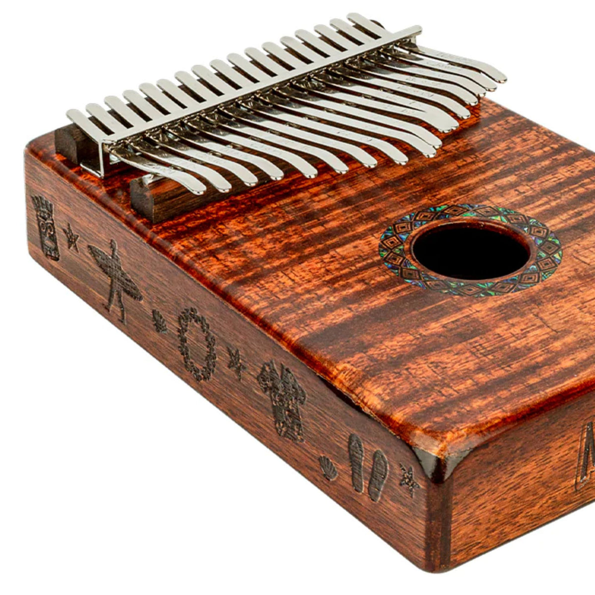 Close-up of the side of the Mahalo Kalimba Thumb Piano Handmade Beach Scene MKA17KA showing the handcrafted beach scene artwork on the solid wood body.