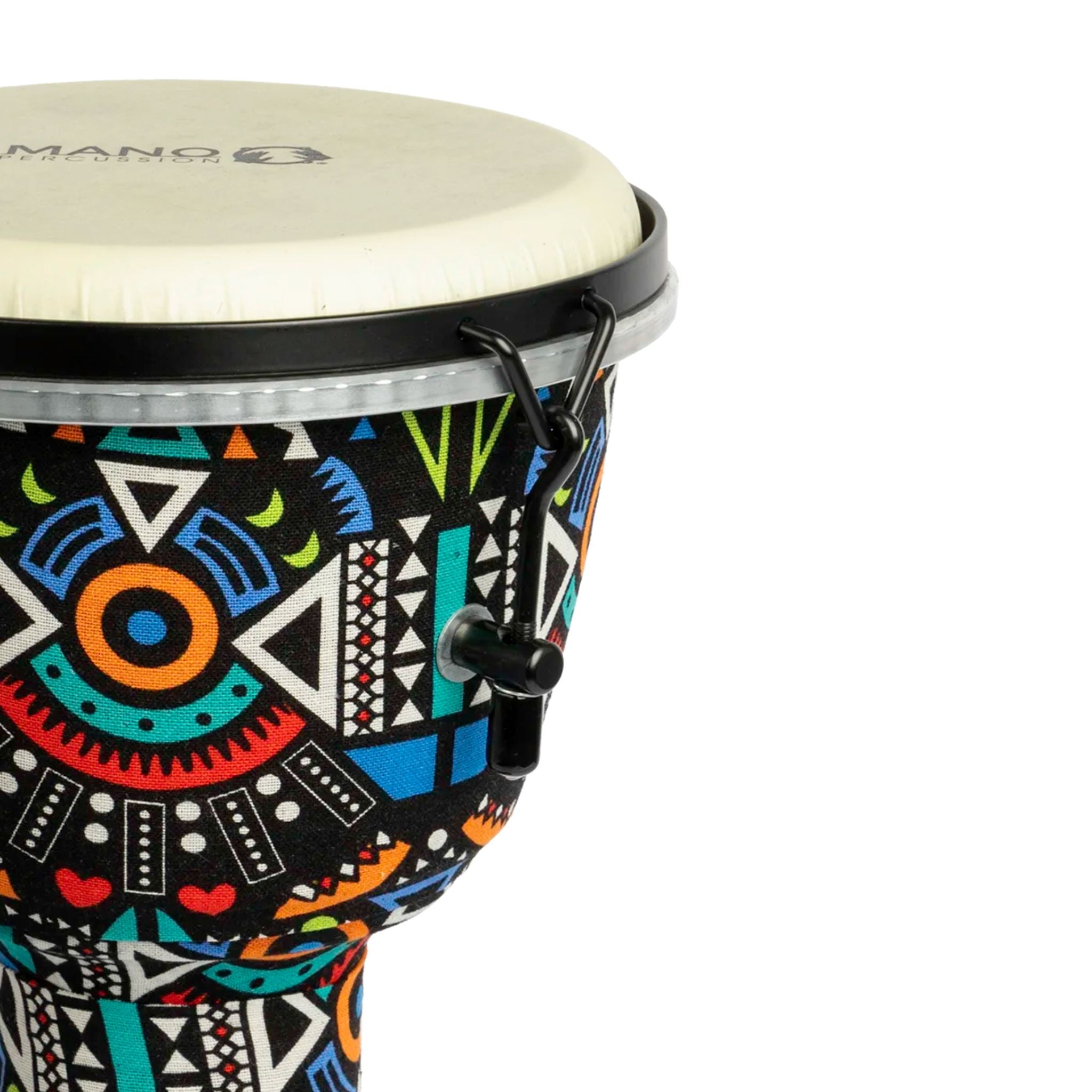 Close-up of the Mano Percussion 8" Djembe Drum showing detailed Aztec Disco pattern, synthetic head, and black tuning hardware.