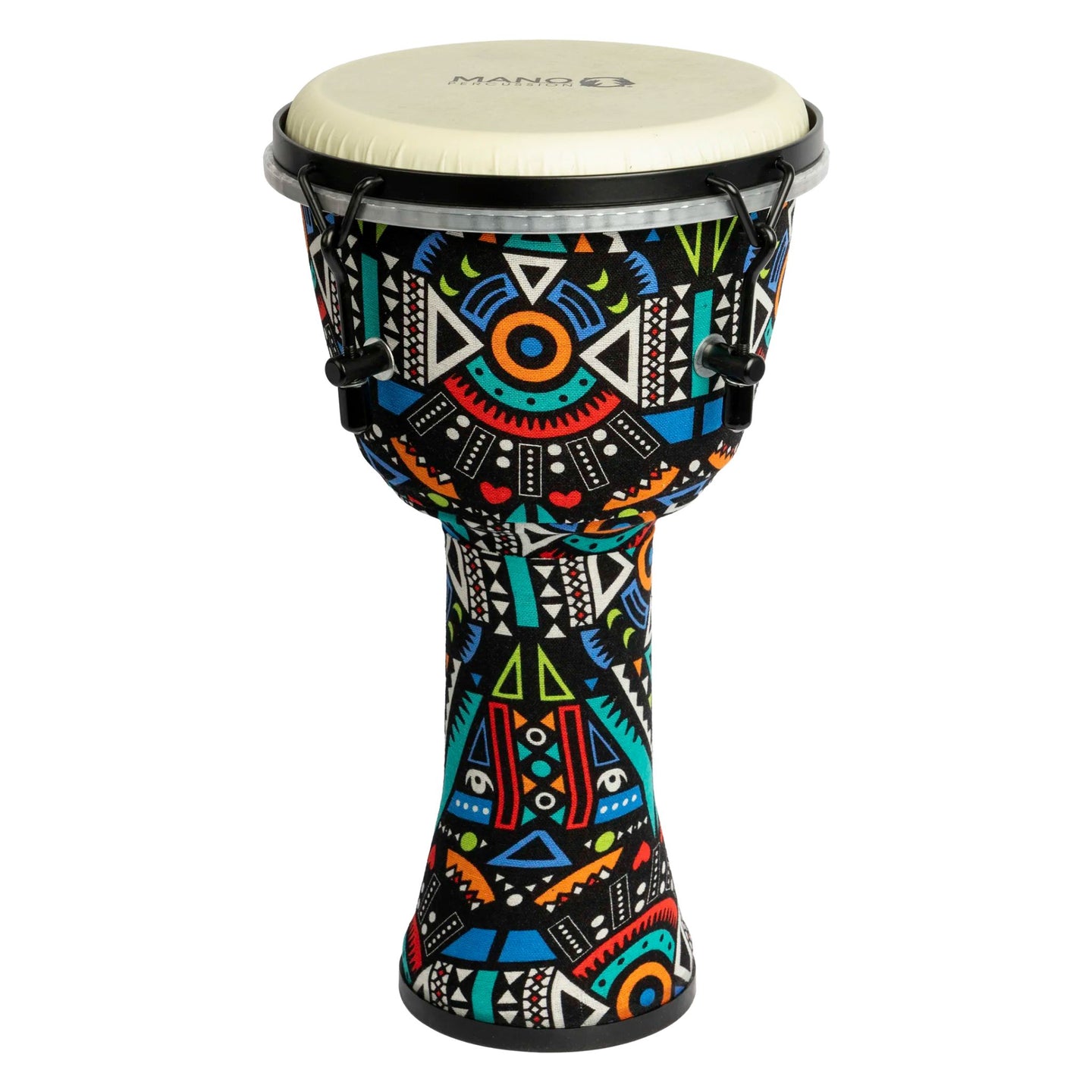 Mano Percussion Djembe Drum 8" in vibrant Aztec Disco design, featuring lightweight ABS shell and 4 tunable lugs for precise sound.