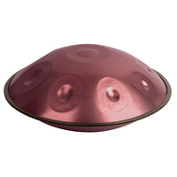Mano Percussion Handpan 10 Note D Kurd Tuning 55cm Purple displayed on a white background featuring handcrafted stainless steel construction and a 10-note D Kurd scale for meditation, performance, and creative musical exploration.