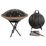 Mano Percussion ManoPan MPC70MBK D Kurd handpan displayed with carry bag, stand, mallets, cleaning cloth, protective rope braid and note stickers.
