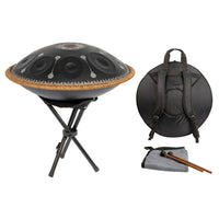 Mano Percussion ManoPan MPC70MBK D Kurd handpan displayed with carry bag, stand, mallets, cleaning cloth, protective rope braid and note stickers.