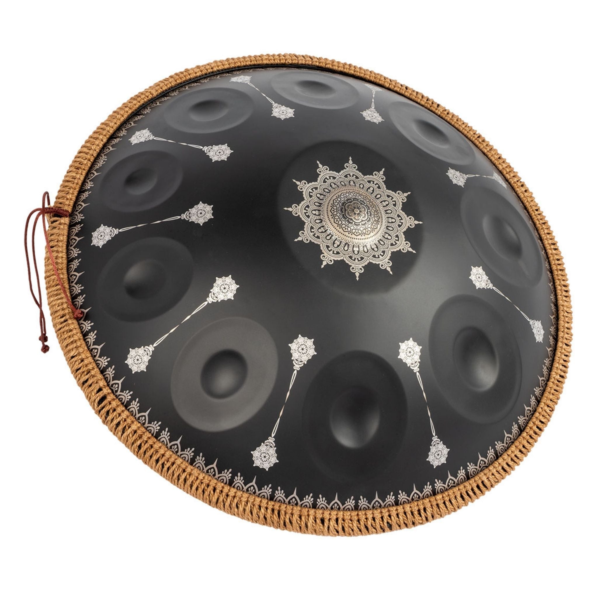 Angled view of the Mano Percussion ManoPan MPC70MBK D Kurd handpan showing the black top, silver mandala artwork and side profile.