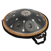 Mano Percussion ManoPan MPC70MBK D Kurd handpan inside its carry bag with the top of the black handpan visible.