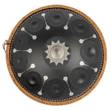 Mano Percussion ManoPan MPC70MBK 10-note D Kurd handpan in black with silver mandala artwork.