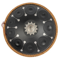 Mano Percussion ManoPan MPC70MBK 10-note D Kurd handpan in black with silver mandala artwork.