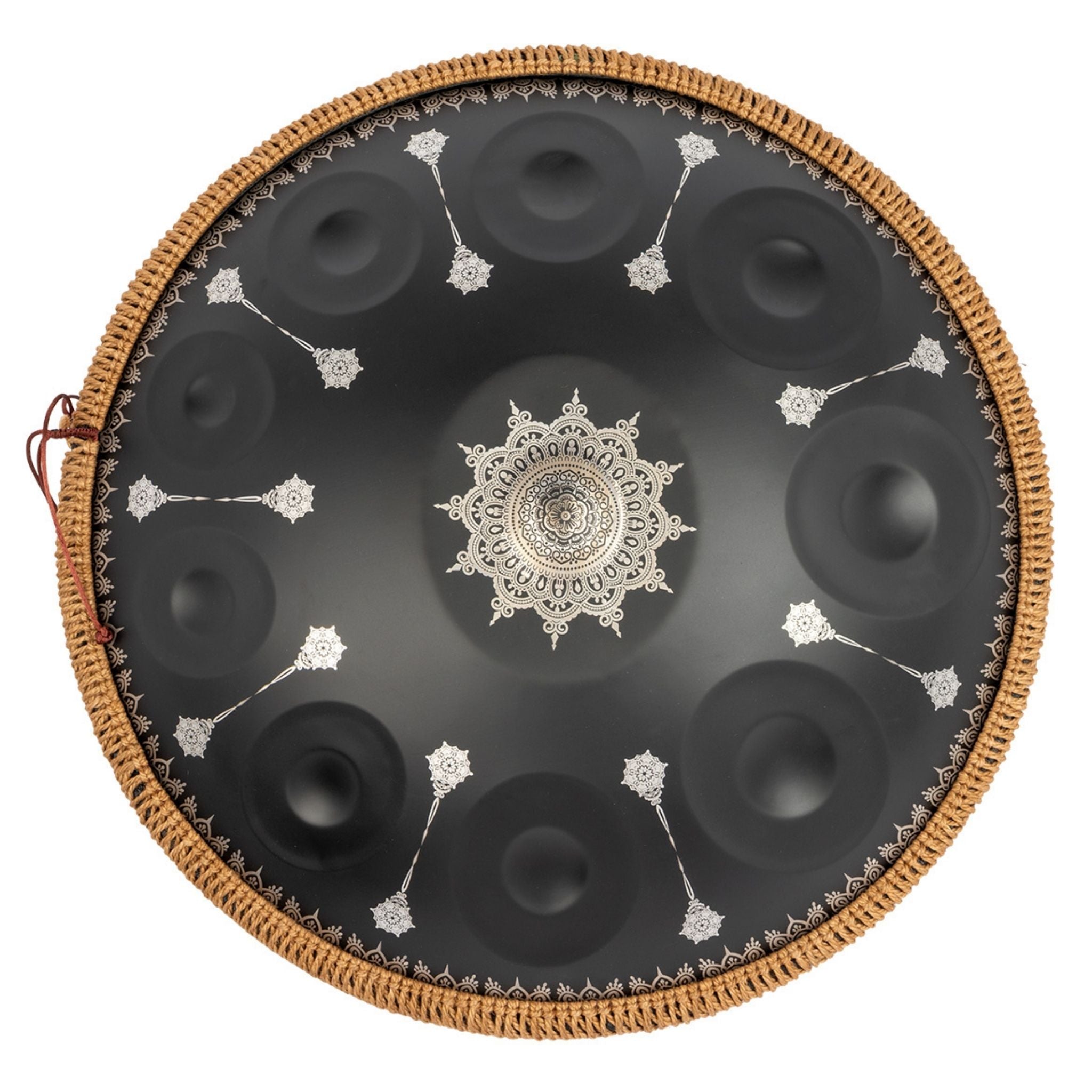 Mano Percussion ManoPan MPC70MBK 10-note D Kurd handpan in black with silver mandala artwork.