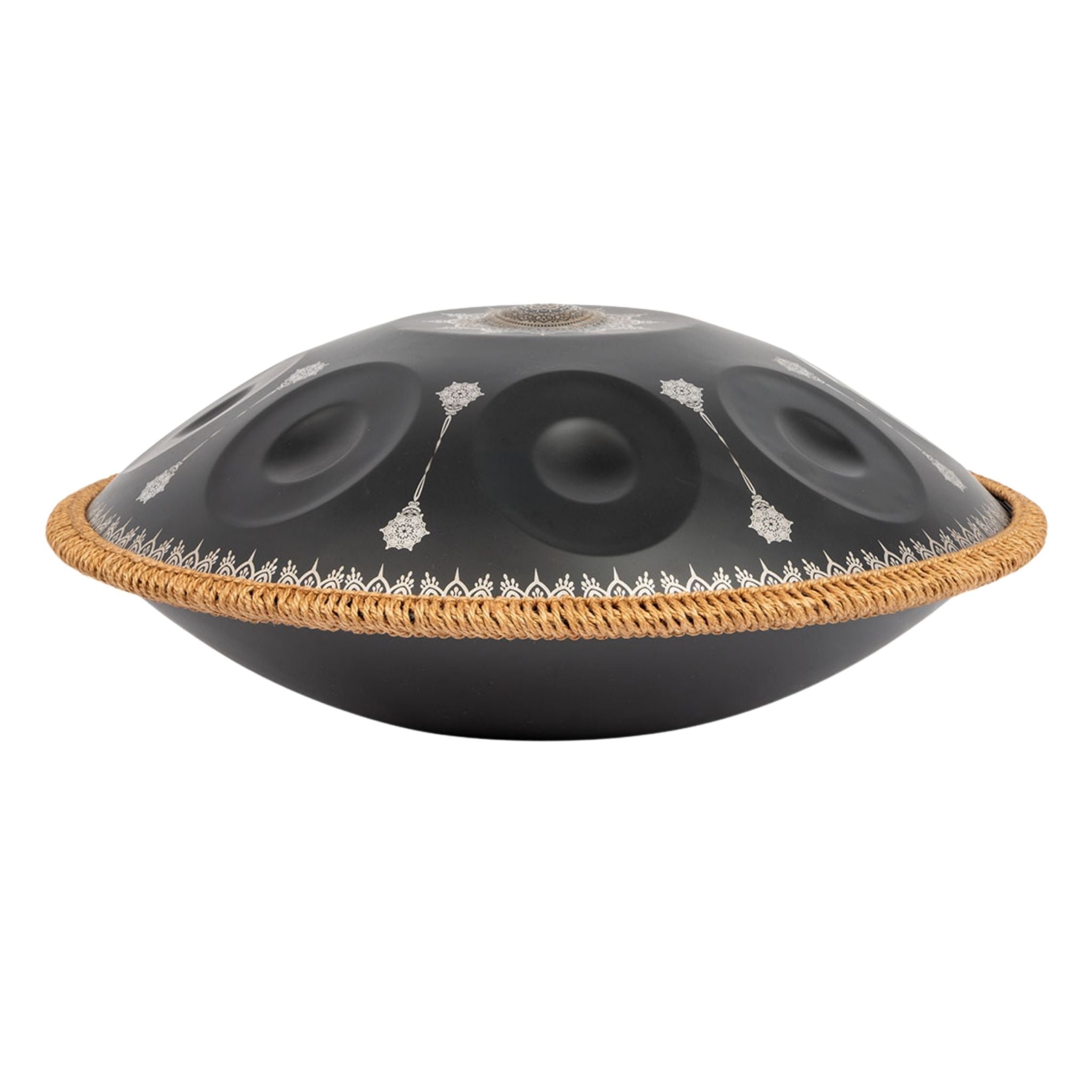 Side view of the Mano Percussion ManoPan MPC70MBK D Kurd handpan showing the black finish and silver mandala artwork.