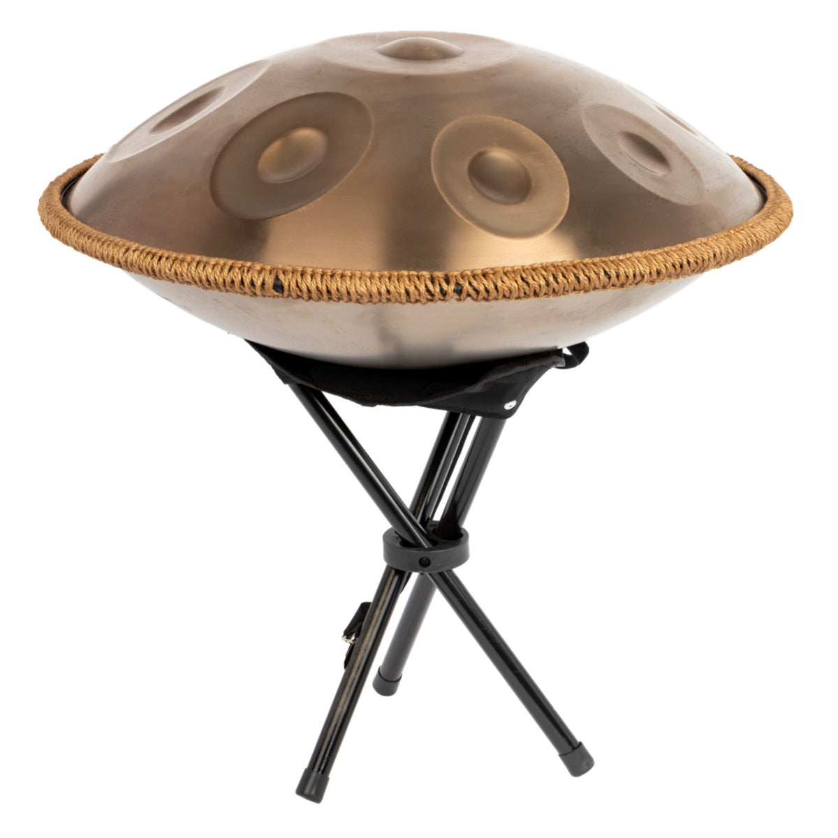 Mano Percussion ManoPan MPC69G 9-note D Kurd handpan in gold displayed on the included handpan stand.
