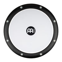top view of 10 inch bass doumbek drum showing synthetic drum head and metal tuning hoop on white background