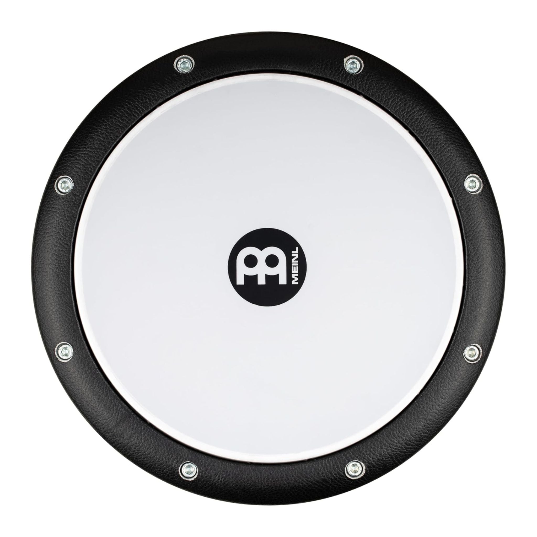 top view of 10 inch bass doumbek drum showing synthetic drum head and metal tuning hoop on white background