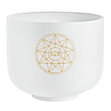 Close-up of the Meinl Sonic Energy 8-inch Solfeggio Crystal Singing Bowl 528 Hz with gold Flower of Life symbol