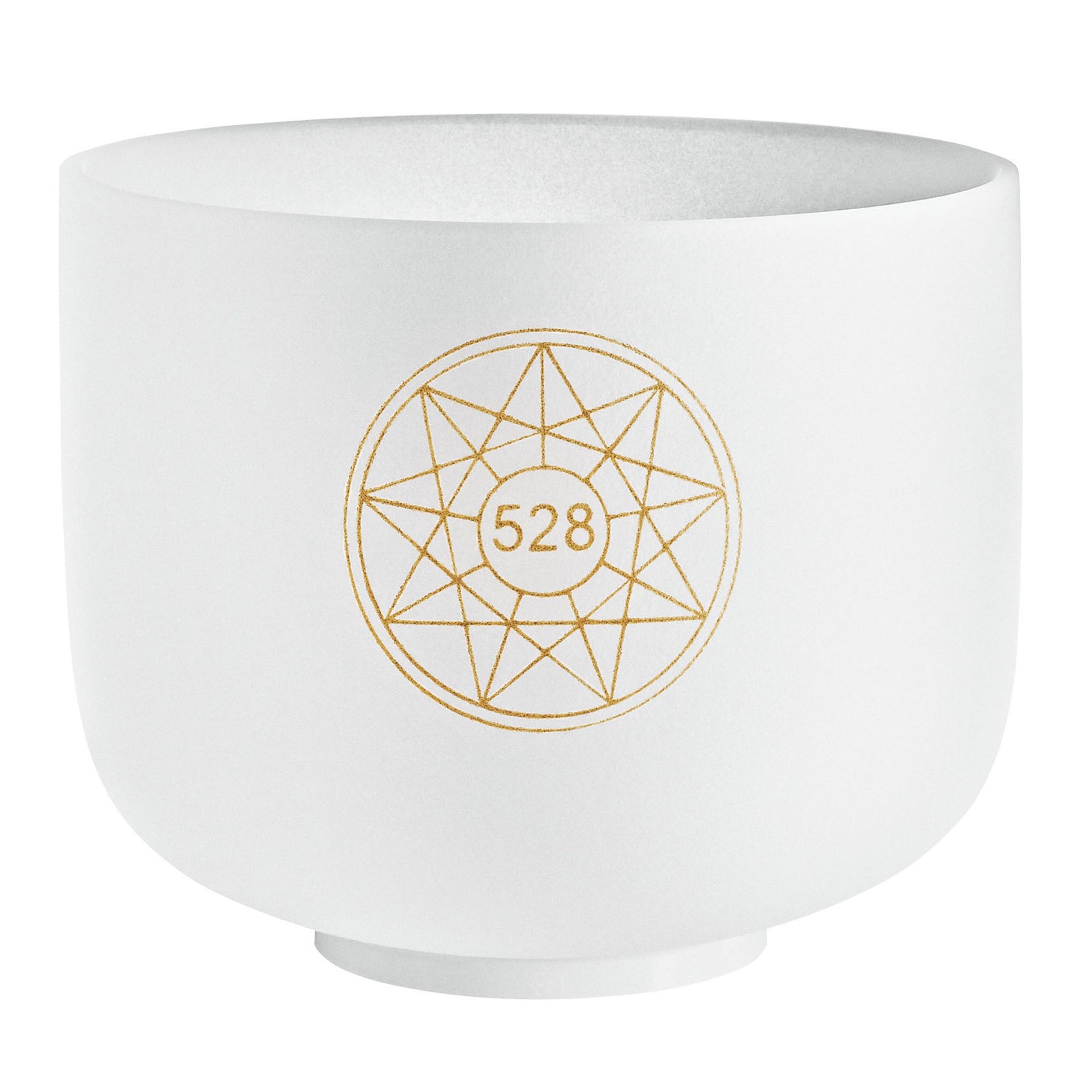 Close-up of the Meinl Sonic Energy 8-inch Solfeggio Crystal Singing Bowl 528 Hz with gold Flower of Life symbol