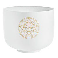 Close-up of the Meinl Sonic Energy 8-inch Solfeggio Crystal Singing Bowl 528 Hz with gold Flower of Life symbol