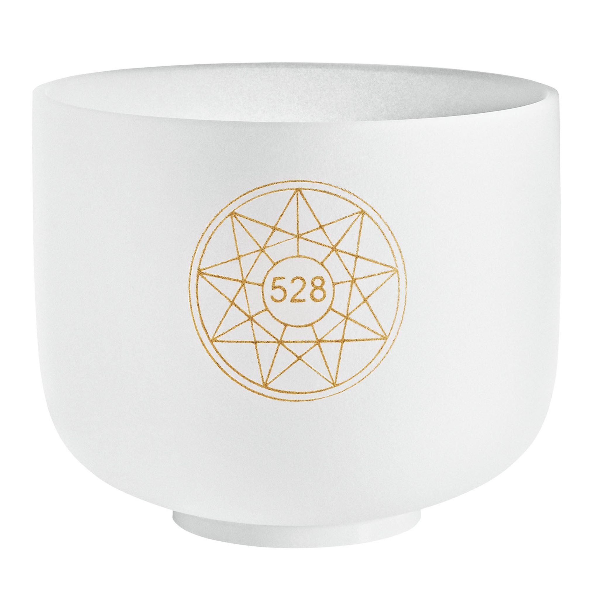 Close-up of the Meinl Sonic Energy 8-inch Solfeggio Crystal Singing Bowl 528 Hz with gold Flower of Life symbol