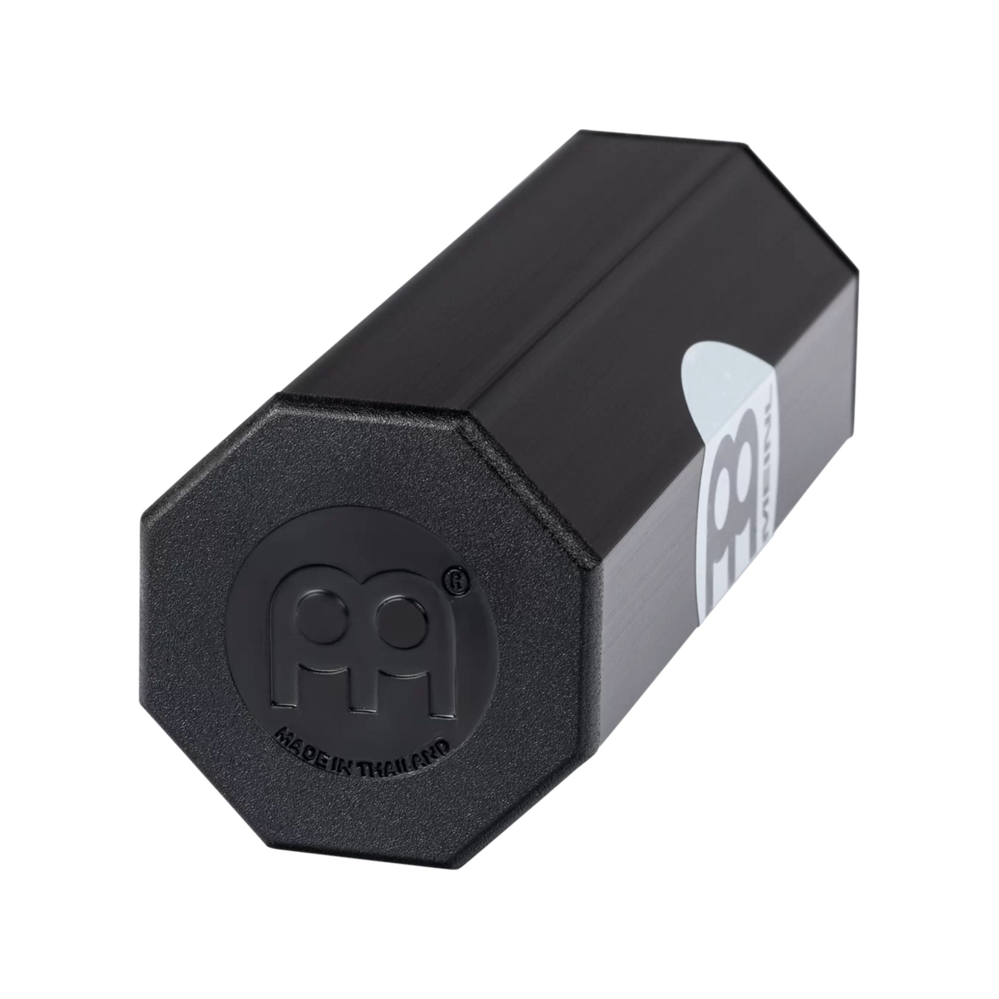 Meinl Aluminium Shaker Octagonal Small SH8BK in black, angled close-up showing octagonal end cap and solid aluminium construction