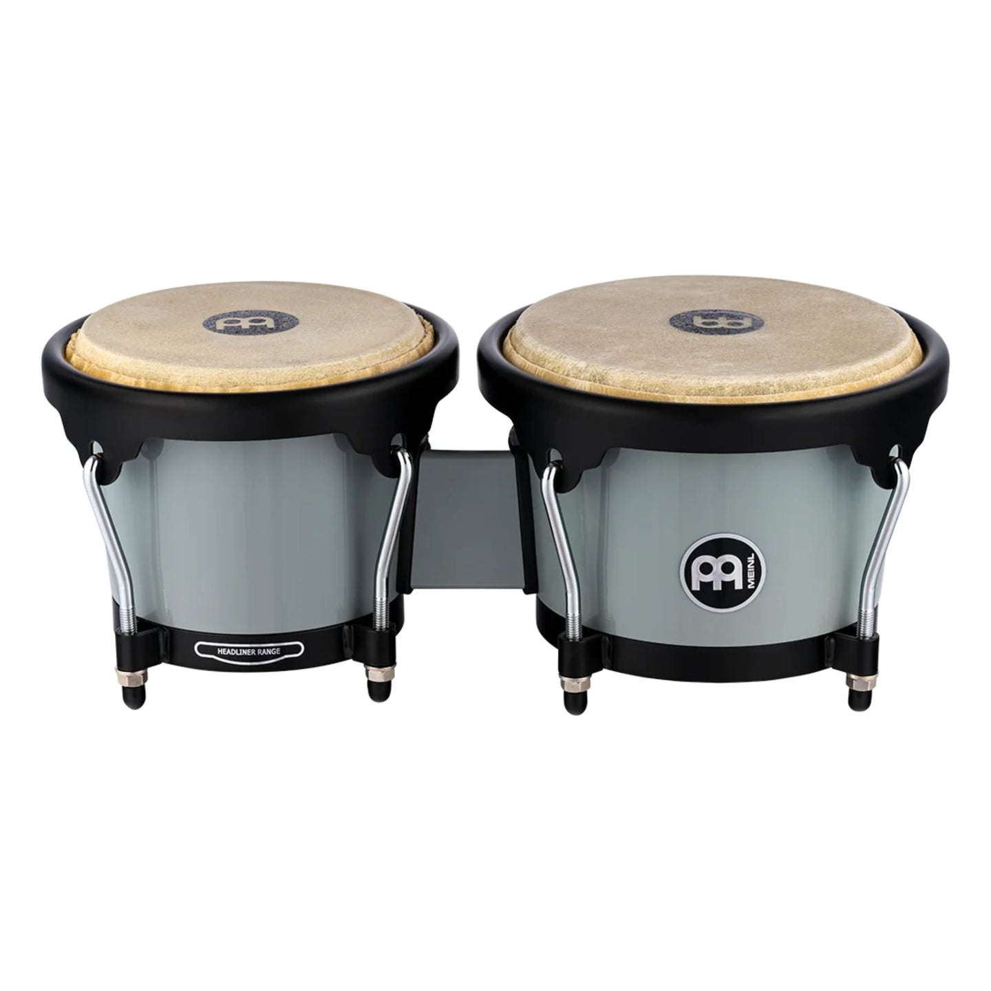 Meinl Journey Series bongo drums in Ultimate Gray (HB50UG), paired compact bongos with natural drumheads and matte shells, straight-on front view.