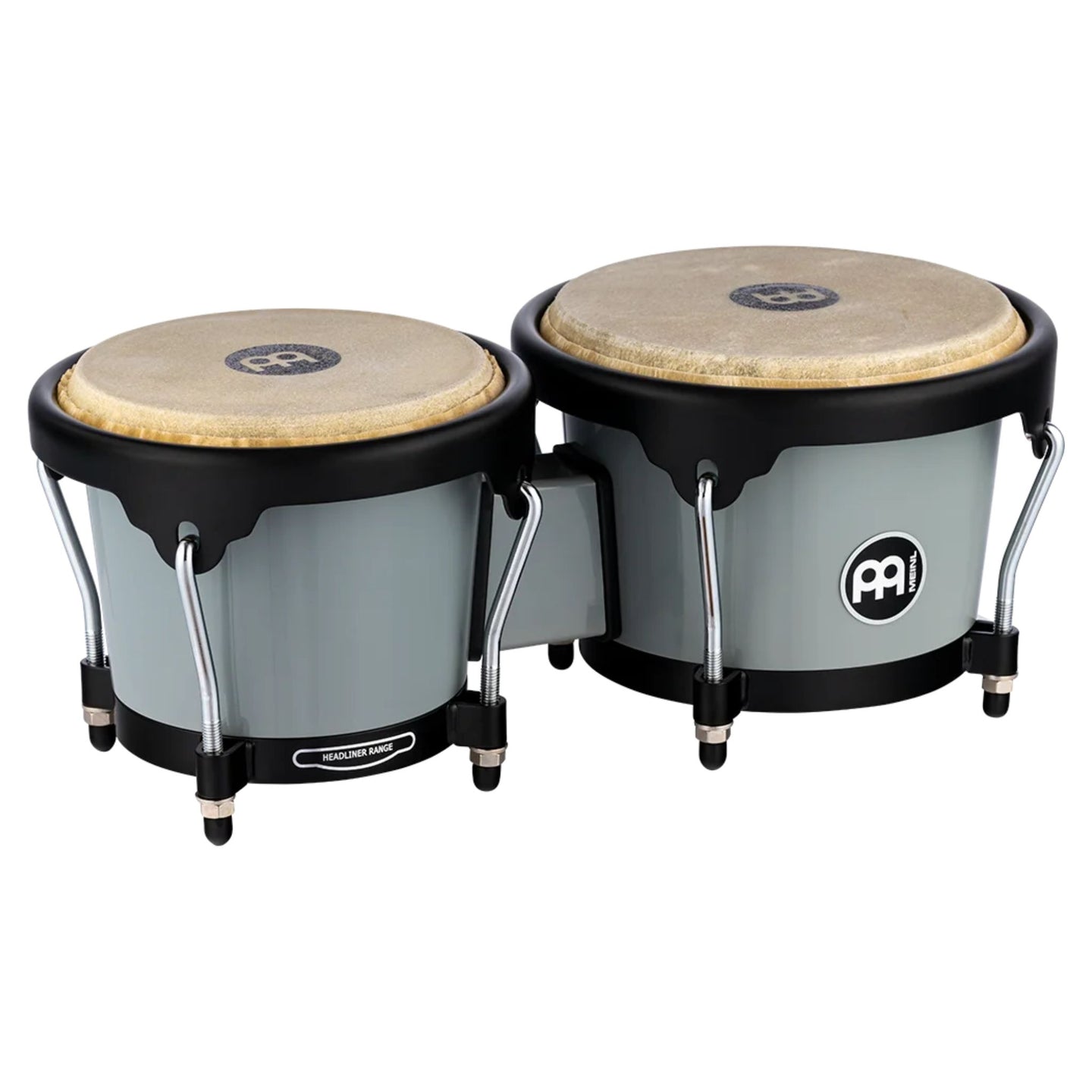 Meinl Journey Series bongo drums in Ultimate Gray (HB50UG), compact paired bongos with natural drumheads and matte shells, front view on white background.