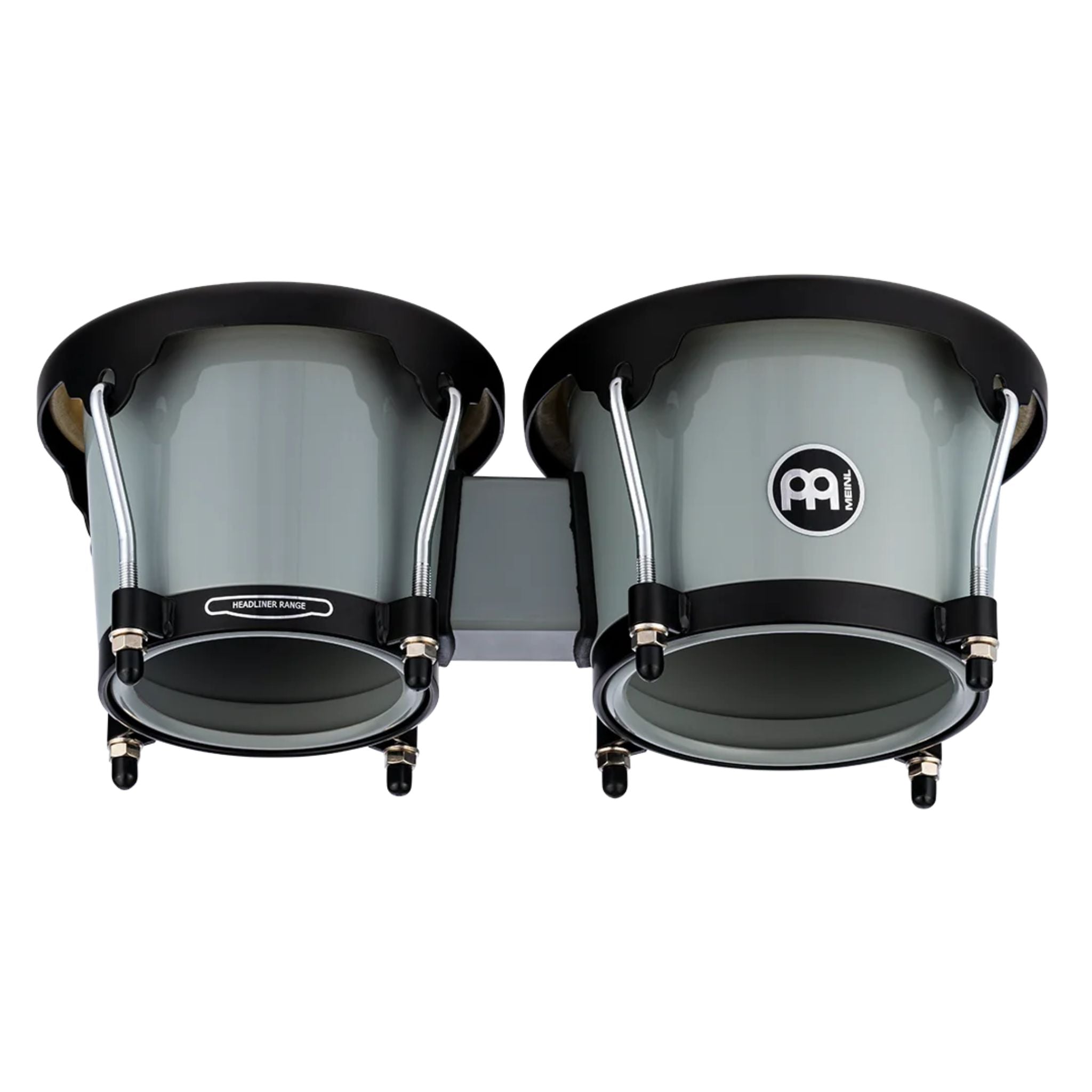 Meinl Journey Series bongo drums in Ultimate Gray (HB50UG), rear view showing compact shells, mounting hardware, and black rims.