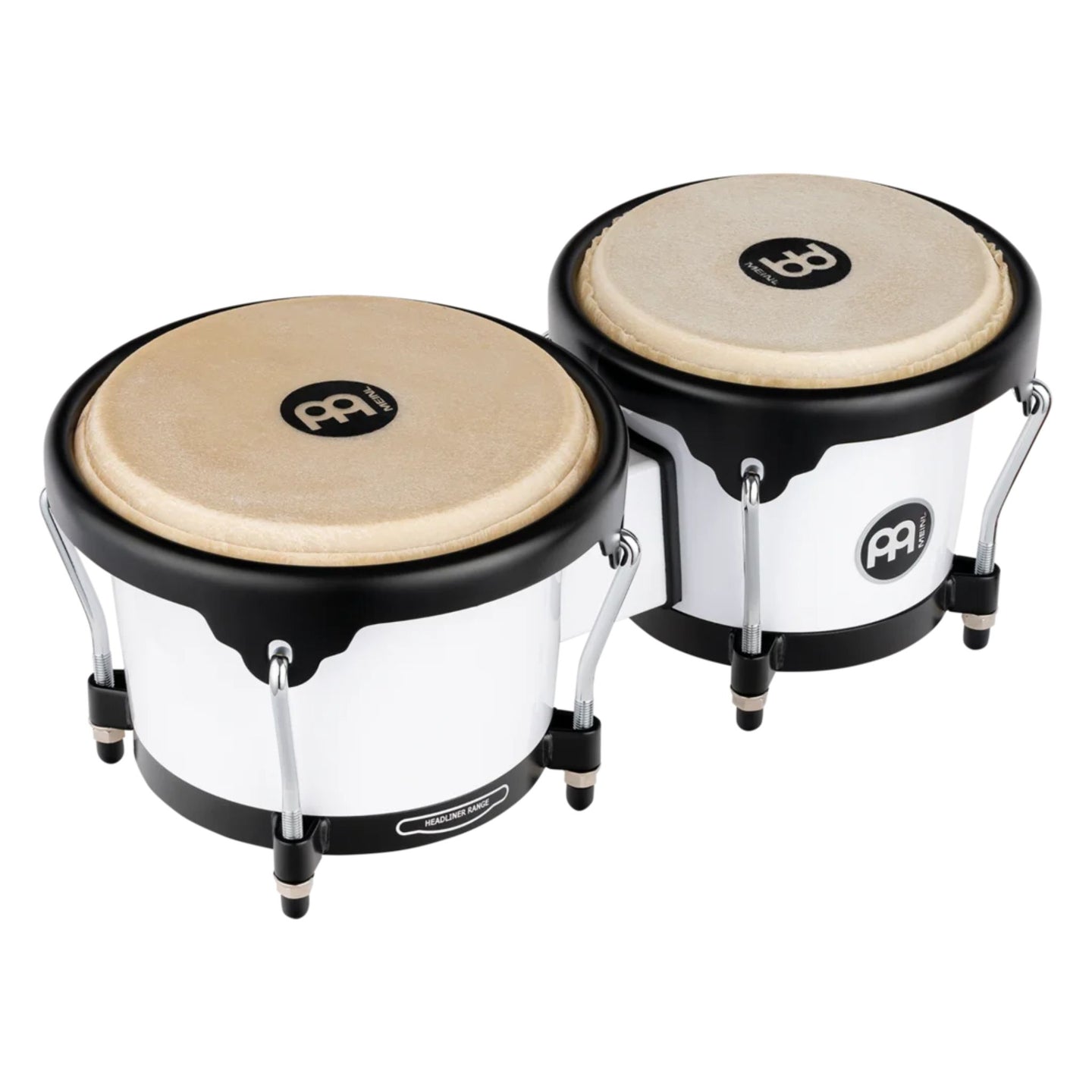 Meinl Journey Series bongo drums in white finish, angled view showing natural drumheads, black rims, and compact shell design.
