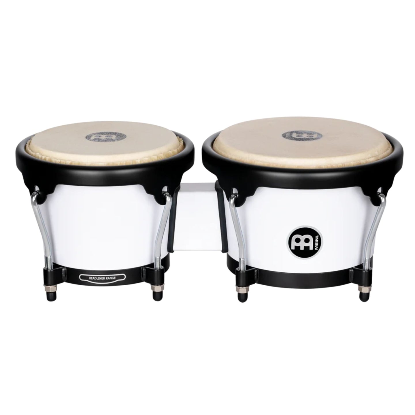 Meinl Journey Series bongo drums in white finish, compact paired bongos with natural drumheads and black hardware, front view on white background.