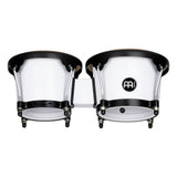 Meinl Journey Series bongo drums in white finish, rear view showing compact shells, mounting bracket, and black hardware on a white background.