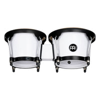 Meinl Journey Series bongo drums in white finish, rear view showing compact shells, mounting bracket, and black hardware on a white background.
