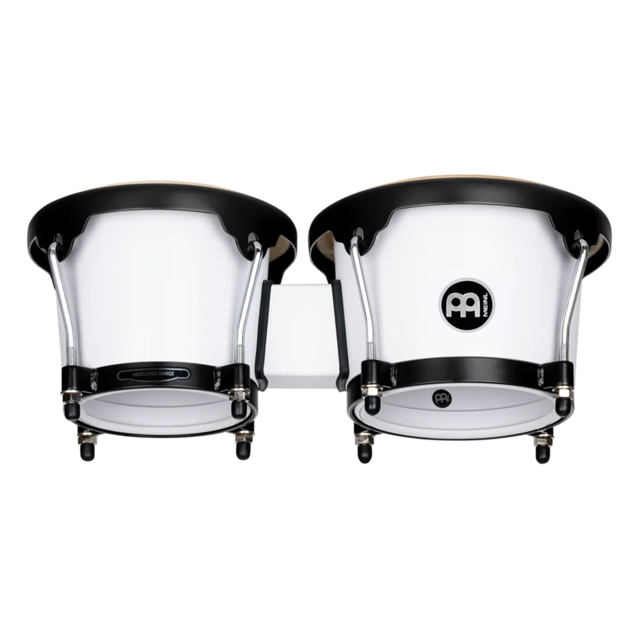 Meinl Journey Series bongo drums in white finish, rear view showing compact shells, mounting bracket, and black hardware on a white background.