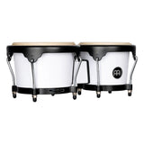 Meinl Journey Series bongo drums in white finish, side profile view highlighting compact shell depth, black rims, and mounting hardware.