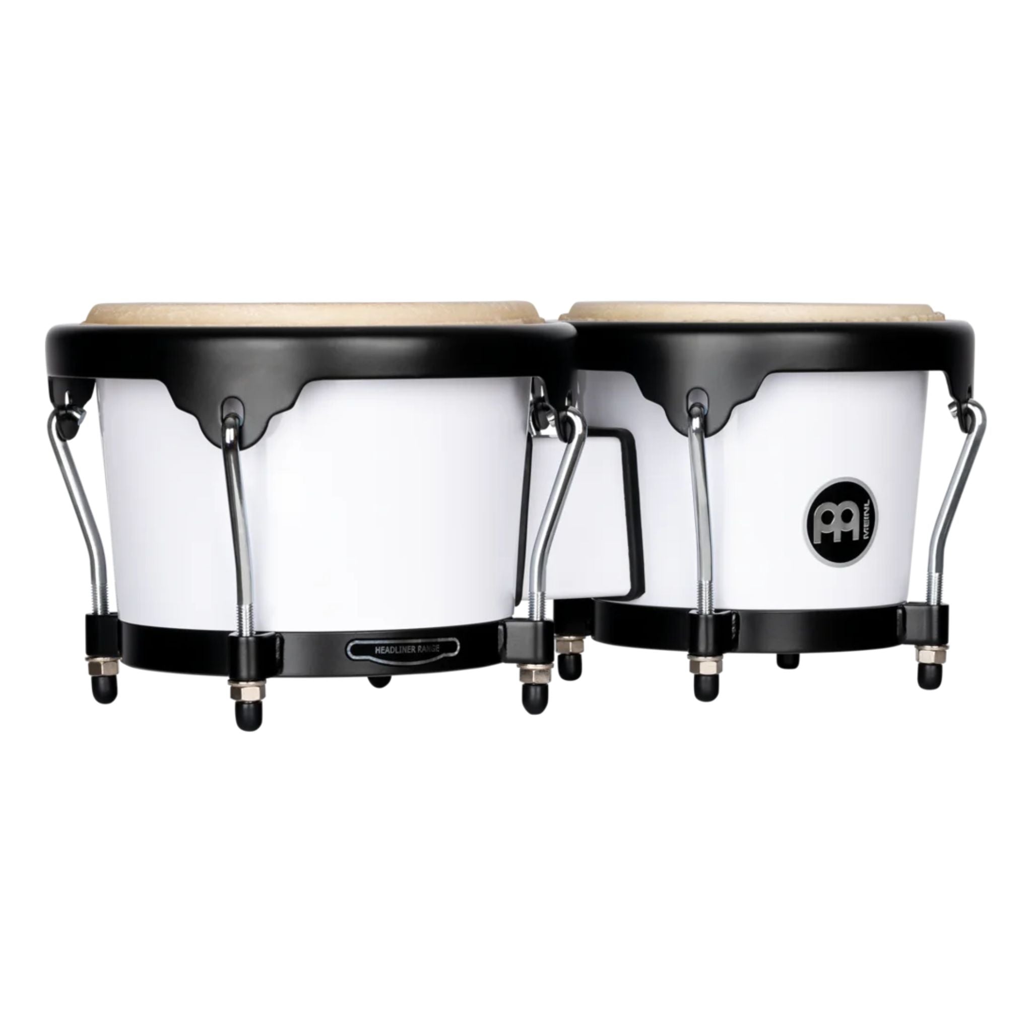 Meinl Journey Series bongo drums in white finish, side profile view highlighting compact shell depth, black rims, and mounting hardware.