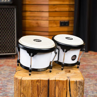 Meinl Journey Series bongo drums in white finish, positioned on a solid wood block in a studio setting, highlighting compact design, natural drumheads, and black hardware.