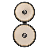 Meinl Journey Series bongo drums in white finish, top-down view highlighting natural drumheads, black rims, and balanced head sizes.