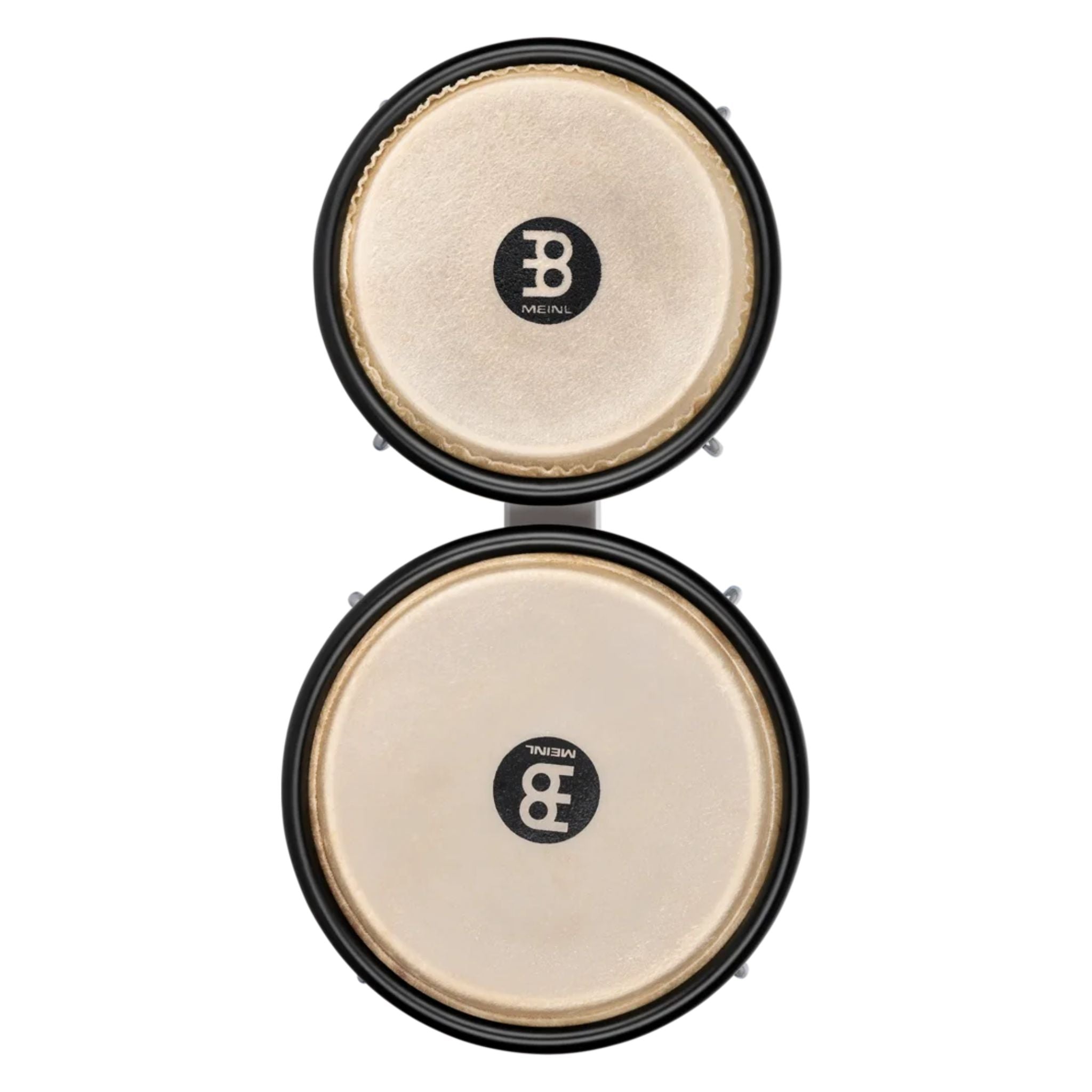 Meinl Journey Series bongo drums in white finish, top-down view highlighting natural drumheads, black rims, and balanced head sizes.