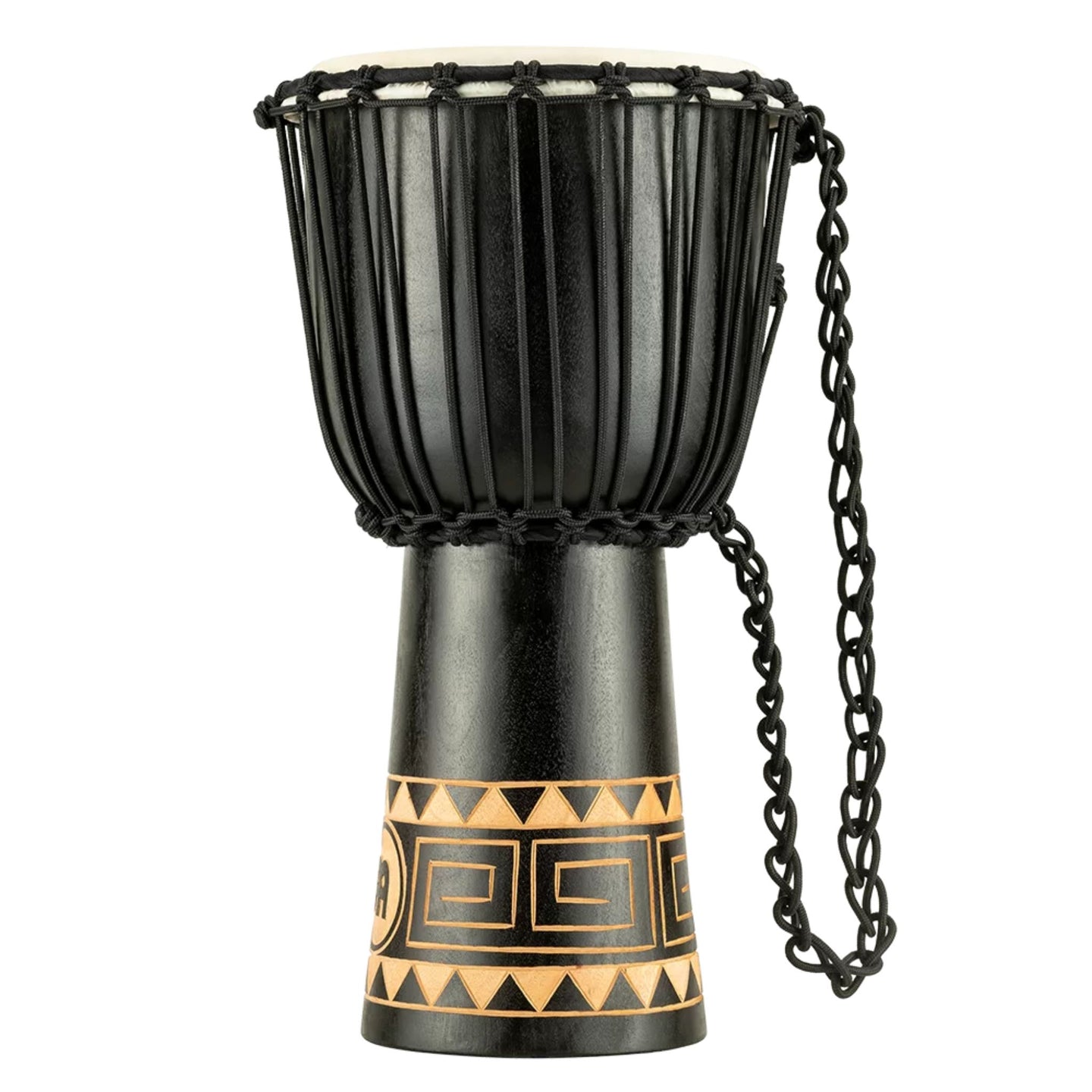Meinl 10" Headliner Congo Series Djembe HDJ1-M in black finish with decorative base artwork, rope tuning system and durable synthetic drumhead – angled side view