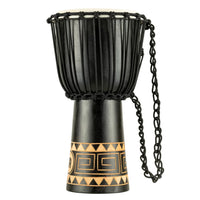 Meinl 10" Headliner Congo Series Djembe HDJ1-M in black finish with decorative base artwork, rope tuning system and durable synthetic drumhead – angled side view