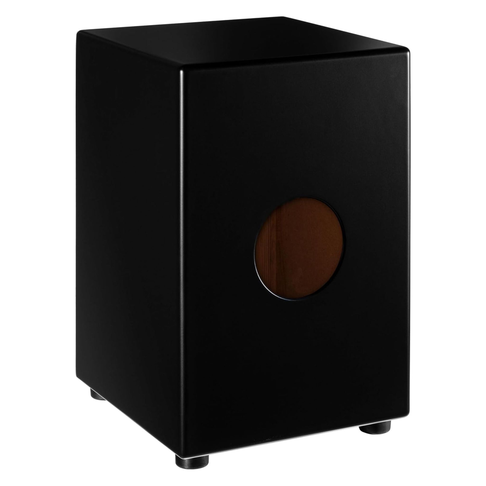 Rear view of the Meinl Headliner Series Snare Cajon Drum MCAJ100BK-CBF showing rear sound port for enhanced bass projection