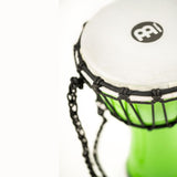 Detail close-up of Meinl Junior Djembe Drum 7 inch Green JRD-G showing rope tuning and synthetic head